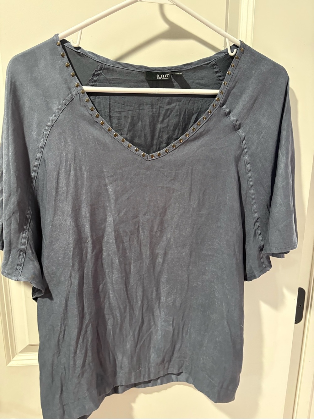 a.n.a Gray V-Neck Short Sleeve Top with Stud Trim